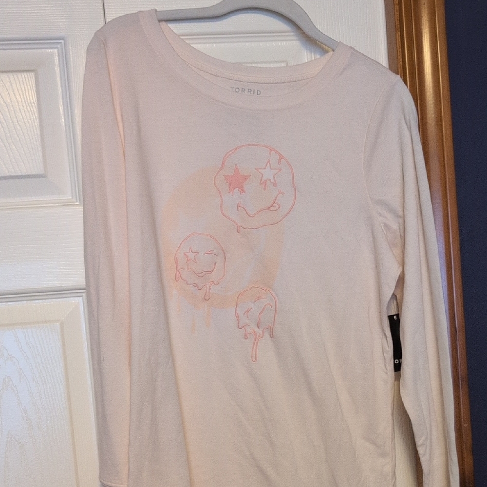 Torrid White Long Sleeve Tee with Pink Smiley Faces